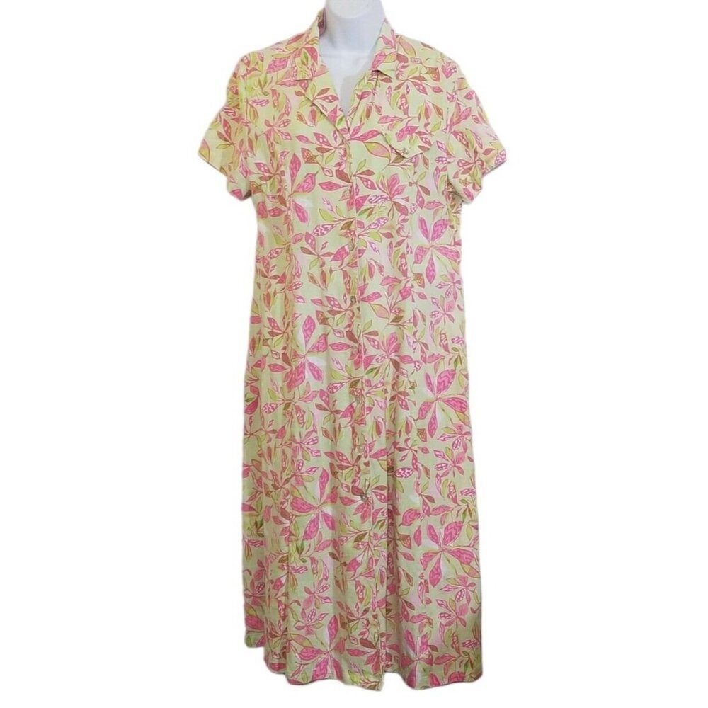 Vintage 90s Linen Blend Dress L Pink Green Button Front Midi Cottagecore Floral‎